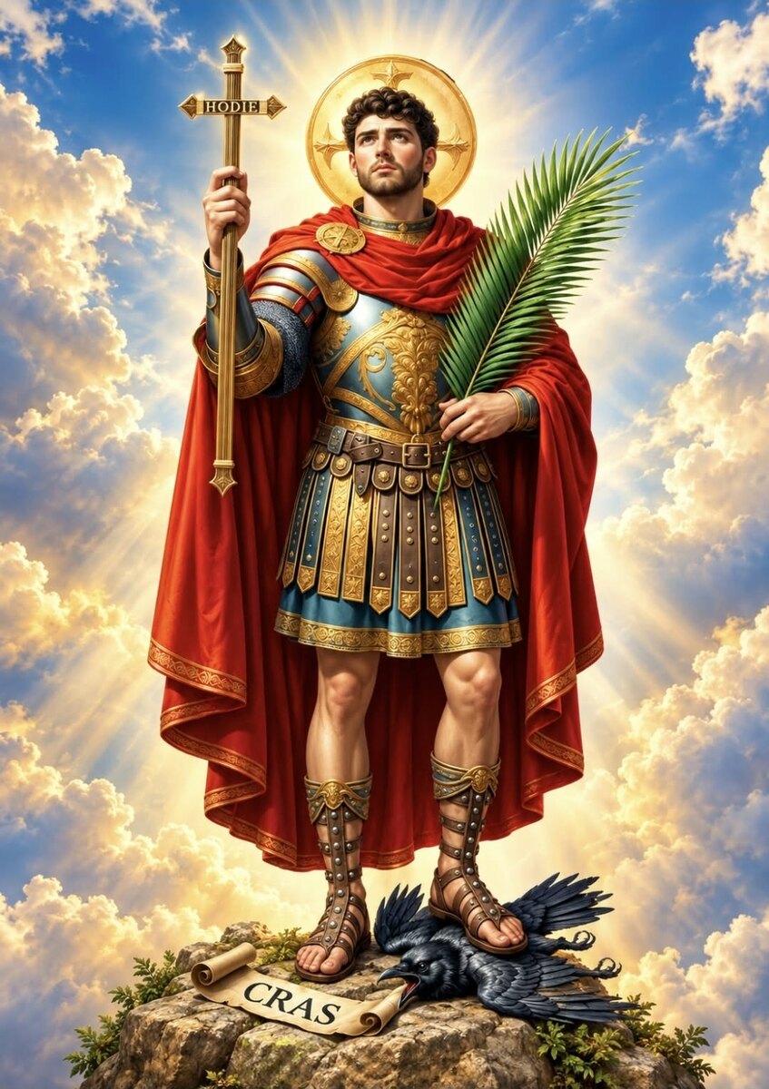Imagem de Santo Expedito com a cruz Hodie e a palma do martírio